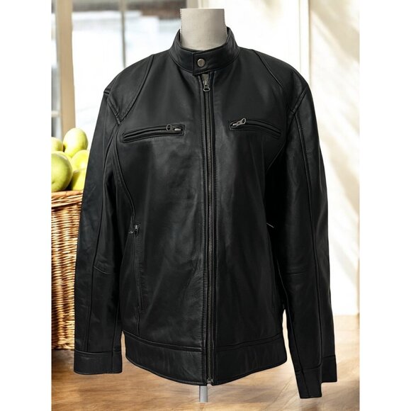 The Leather Factory Women's Black Leather Bomber Moto‎ Jacket Size Large - Picture 1 of 11